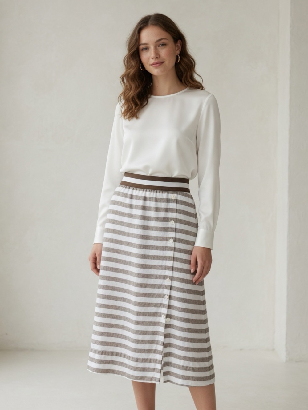 J. Jill Brown & White Striped Linen Button-Up Shirt Size S